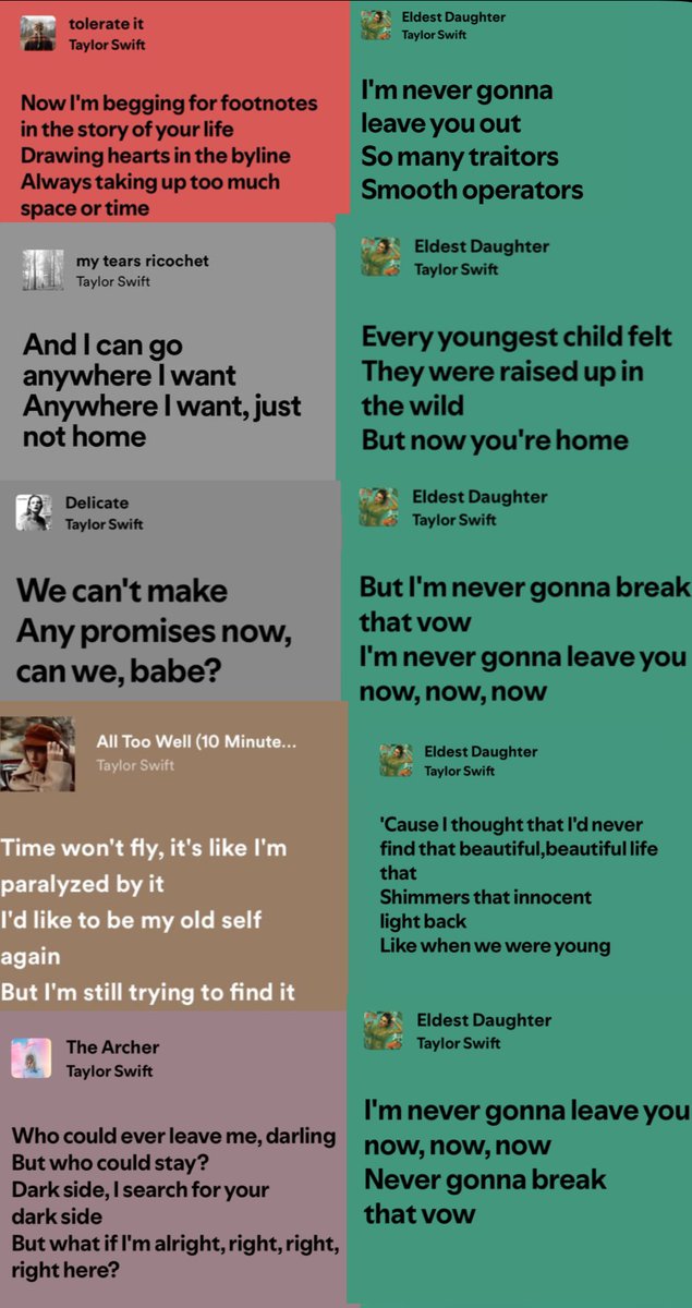 daylight_poetry's tweet image. Eldest Daughter is the ONLY Track 5 where she isn’t fearful of someone leaving or grieving the loss of abandonment but also it directly calls back to past track 5s &amp;amp; it’s all the opposite now!

She is home, can make promises &amp;amp; isn’t begging for the footnotes of someone’s life❤️