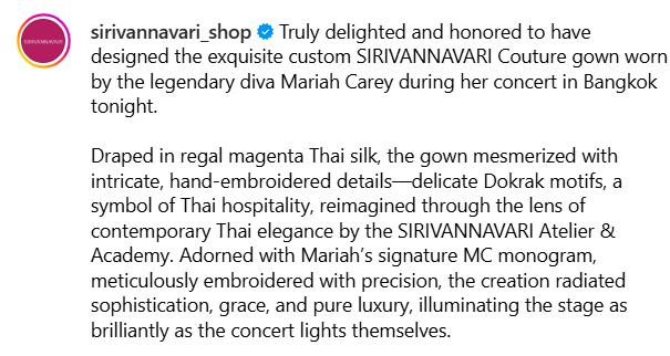 Designer, Thai Princess, Sirivannavari, designed one of the beautiful gowns worn by <a href="/MariahCarey/">Mariah Carey</a> at today's concert in Thailand.  She shared her design and gown details on Instagram: instagram.com/sirivannavari_…

#TheCelebrationOfMimi #MariahCareyLiveInThailand