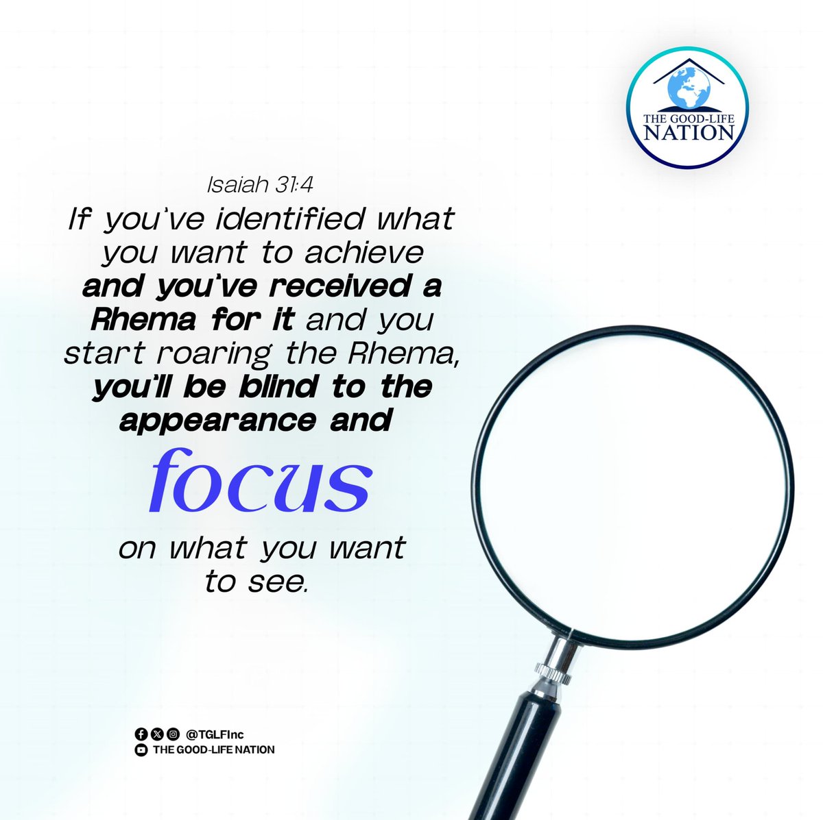 TGLFInc's tweet photo. Isaiah 31:4
If you’ve identified what you want to achieve and you’ve received a Rhema for it and you start roaring the Rhema, you’ll be blind to the appearance and focus on what you want to see. -RPN 

#RPN 

#APeopleCome https://t.co/IverghbInI