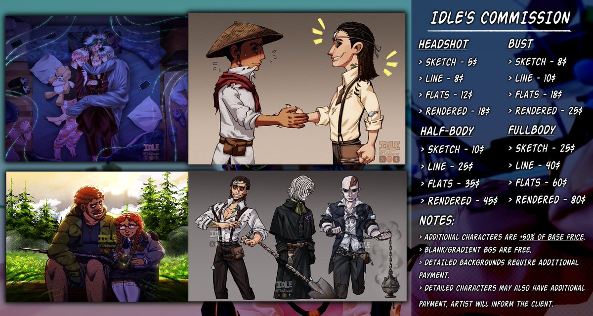 IdleDearest's tweet image. MY NEW COMMISSION SHEET!! Now with more choices and examples hehe (5 Slots per usual)

(1/3) Examples and T.O.S in the thread: 

#commissionsopen #Commission