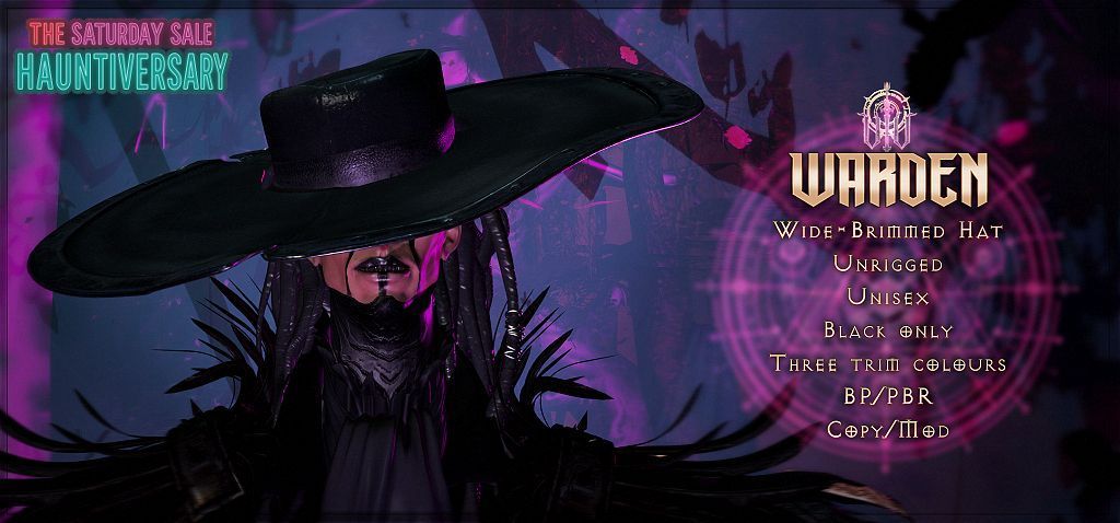 TSS Hauntiversary has Warden; black, tattered, Wide-Brimmed hat in 2 shades with 3 trim &amp; metal options. Also, TSS group gift from the pumpkin; the Warden's Grimoire - a holdable closed book coming in 2 colours. 

Taxi: maps.secondlife.com/secondlife/TSS…

Preview: flic.kr/p/2ry7BGw