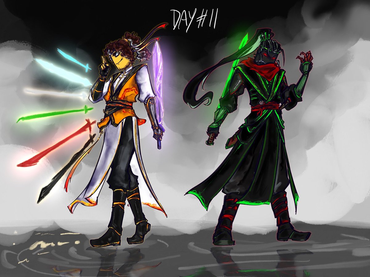 ShiJ___'s tweet image. day 11 #Inktoberprotocol chars in different outfit style, kinda went with wuxia since i thought it fits them bc yknow swords and stuff, 1x outfit is inspired from this outfit i found on pinterest. May be inaccurate 🥲technically #adminvirus if u squint rlly hard