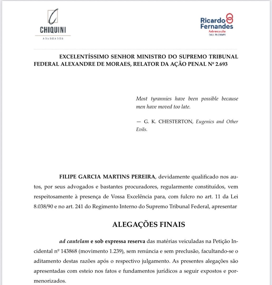 🚨📄381 PÁGINAS NA MESA! A defesa de Filipe Martins protocolou hoje (11/10) as alegações finais por memoriais, 381 páginas entregues dentro do prazo legal.

O envio acontece após Moraes voltar atrás na tentativa autoritária de remover os advogados do caso. A defesa resistiu,