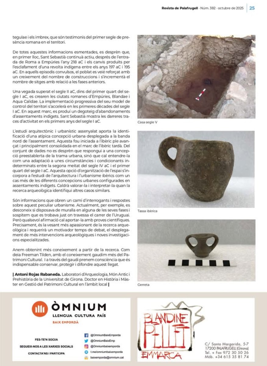 Revista de Palafrugell publica el seu número d’octubre i dedica la portada el poblat ibèric indiget de Sant Sebatià de la Guarda. Inclou una síntesi dels resultats de la meva Tesi Doctoral sobre aquest assentament protohistòric, en el marc d’uns dels projectes de <a href="/UdGLletres/">Facultat de Lletres UdG</a>