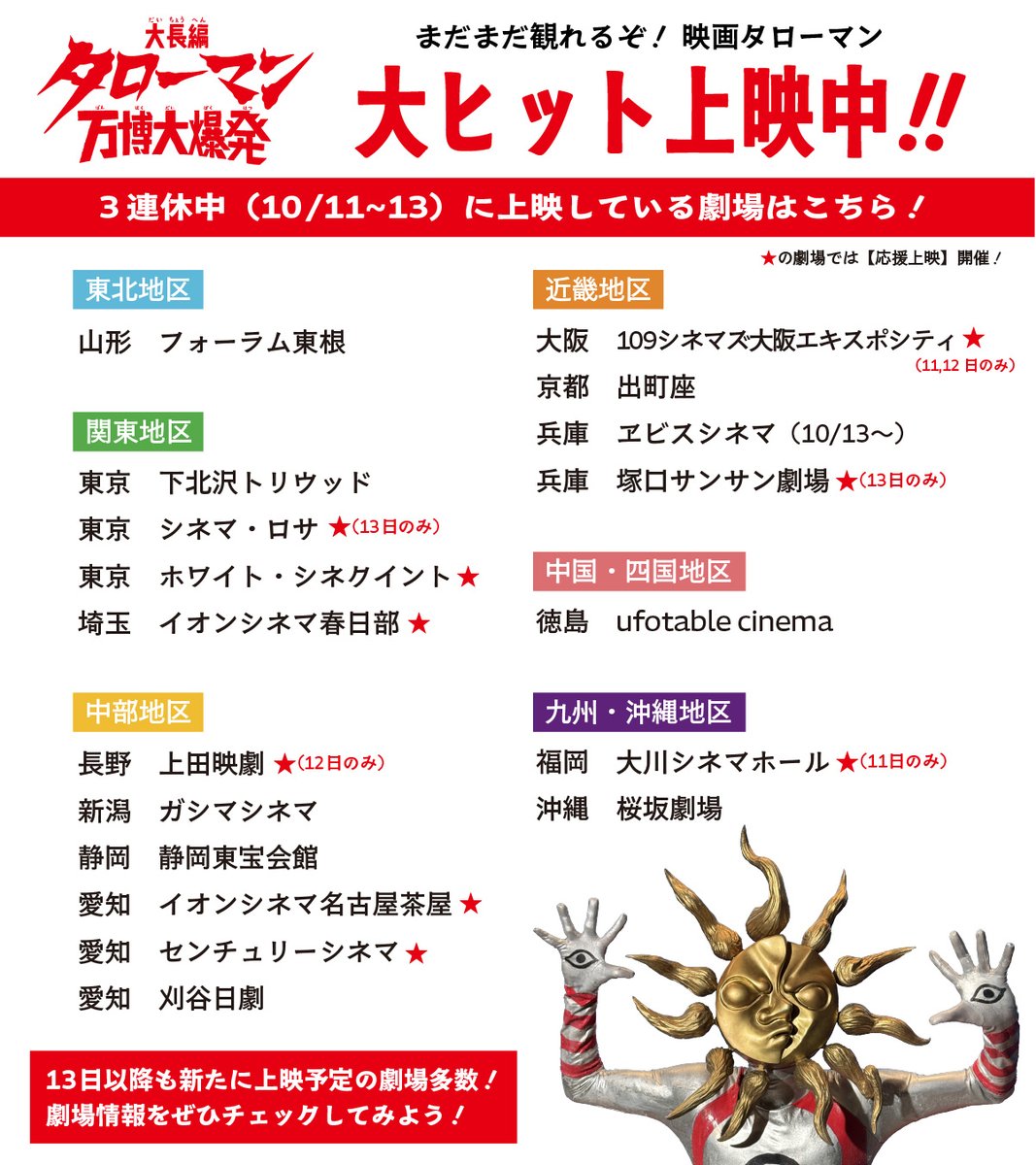 eiga_taroman's tweet image. ／
３連休は劇場で
#映画タローマン をみよう！
＼

『大長編 タローマン 万博大爆発』
￣￣￣￣￣￣￣￣￣￣￣￣￣￣￣
  ★☆★ 大ヒット上映中！★☆★

🎬10/11〜13の３連休中に
上映している劇場はこちら！

⭐️一部の劇場では
#応援してはいけない応援上映 も開催！

まだまだ映画館で…