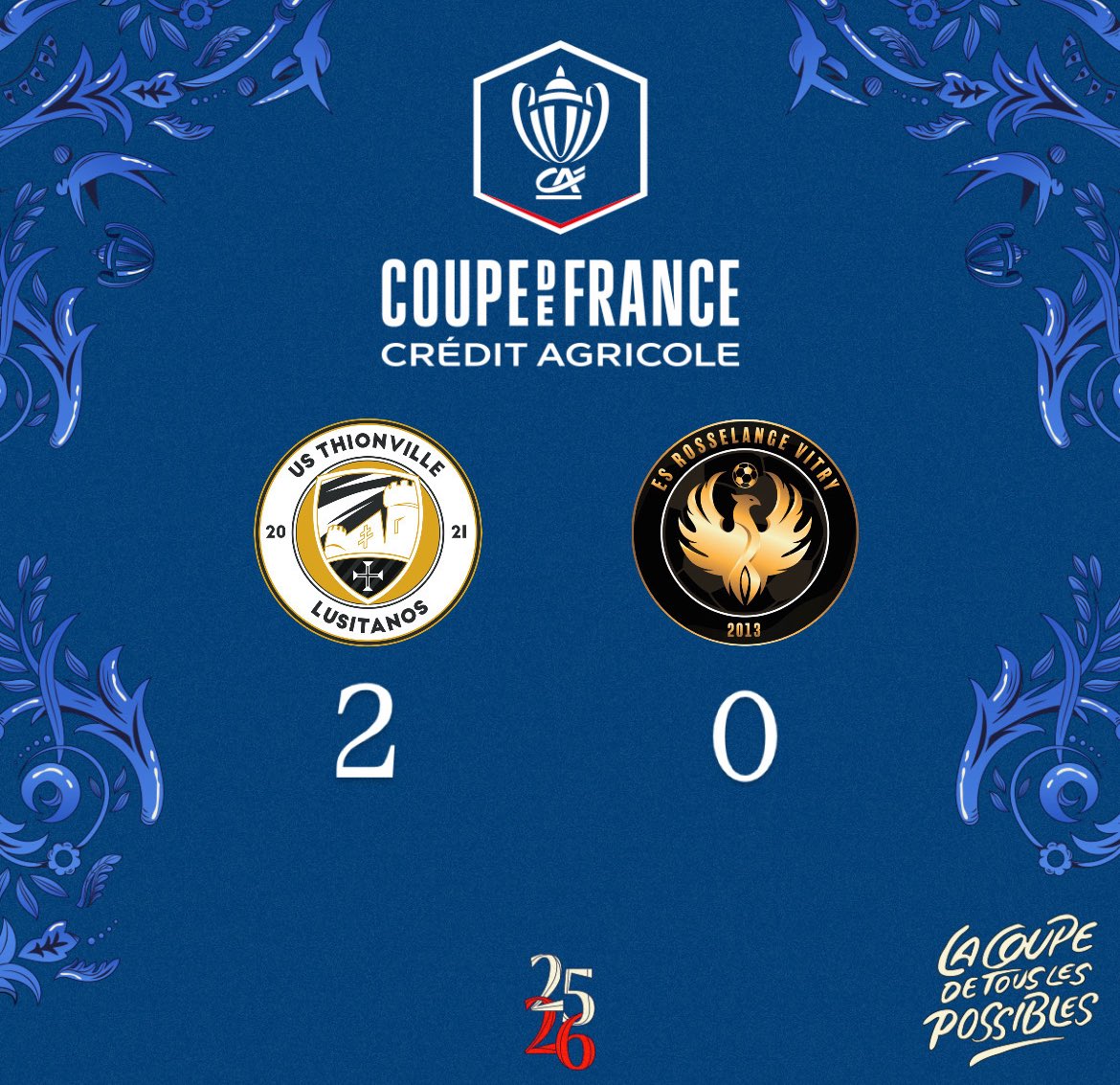 BeUSTL's tweet photo. 🏁𝗙𝗜𝗡 𝗗𝗨 𝗠𝗔𝗧𝗖𝗛

Énième qualification pour l'US Thionville Lusitanos lors de ce 5ᵉ tour de Coupe de France ! 👏🏼

#USTLESRV | #CoupedeFrance https://t.co/t1F4mDnQOZ