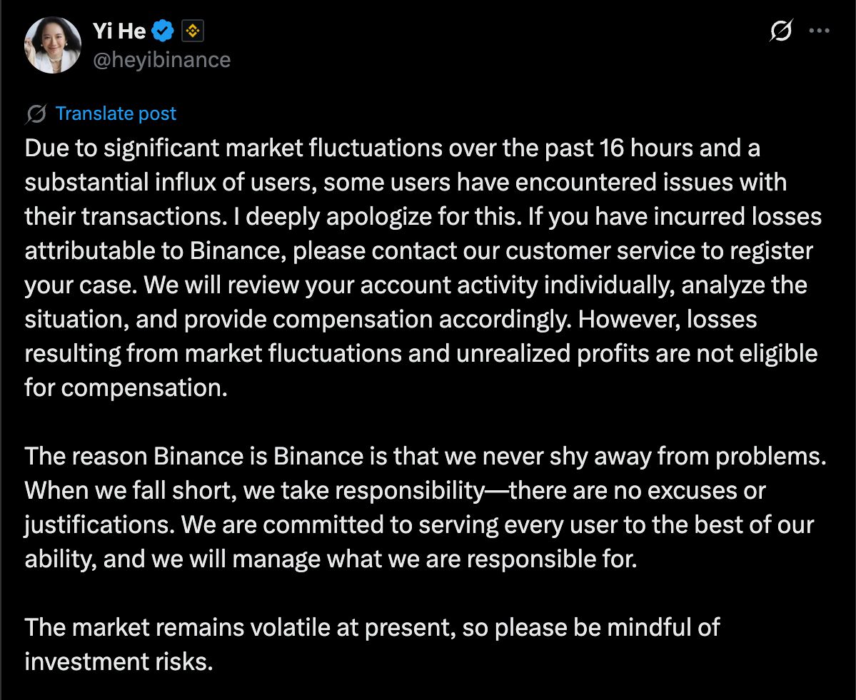 CryptosR_Us's tweet image. 🚨 BINANCE TO COMPENSATE USERS AFTER TECHNICAL SNAG DURING $19B MARKET CRASH

The sell-off followed the President&apos;s announcement of 100% tariffs on China, which triggered a mass exodus from risk assets and one of the largest crypto wipeouts in history. Exchanges struggled to stay…