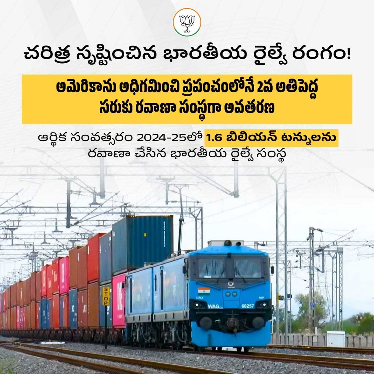 BJP4Visakhapatn's tweet image. ప్రధాని Narendra Modi గారి నాయకత్వంలో భారతీయ రైల్వే రంగం సరికొత్త చరిత్రను సృష్టించింది. సరుకు రవాణాలో 2వ స్థానాన్ని అధిరోహించింది.
#IndianRailways #PMModiji