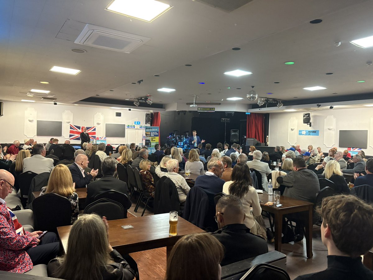 Towler's tweet image. 200 plus at an event tonight for Peterborough @reformparty_uk with @TiceRichard