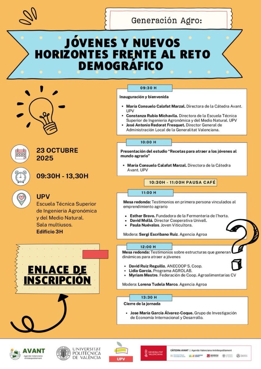 🌾 El 23 de octubre la <a href="/eamnupv/">EAMNUPV</a> acoge la jornada “Generación Agro: Jóvenes y Nuevos Horizontes frente al Reto Demográfico”, organizada por la #CátedraAVANT
💡 Emprendimiento joven en el sector agroalimentario
🕤 9:30h Edificio 3H
🔗 Inscripciones👇 forms.gle/7Nd3Tsosexdaa6…