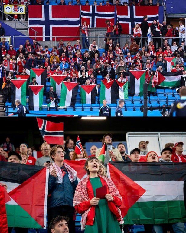 S2FUncensored's tweet image. ⚡️JUST IN:

Norway fans waved Palestinian flags during their match against Israel in the World Cup qualifiers. Israel lost 5-0.