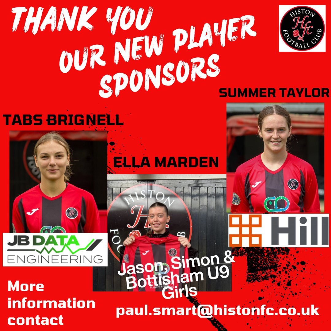 Sponsor Saturday!
Huge thanks to our new player sponsors for supporting Histon Ladies this season⚽
Player sponsorship is just £75 — a brilliant way for individuals, businesses or teams to get involved and make a real difference 🔴⚫
Join the team on the up! #SponsorSaturday