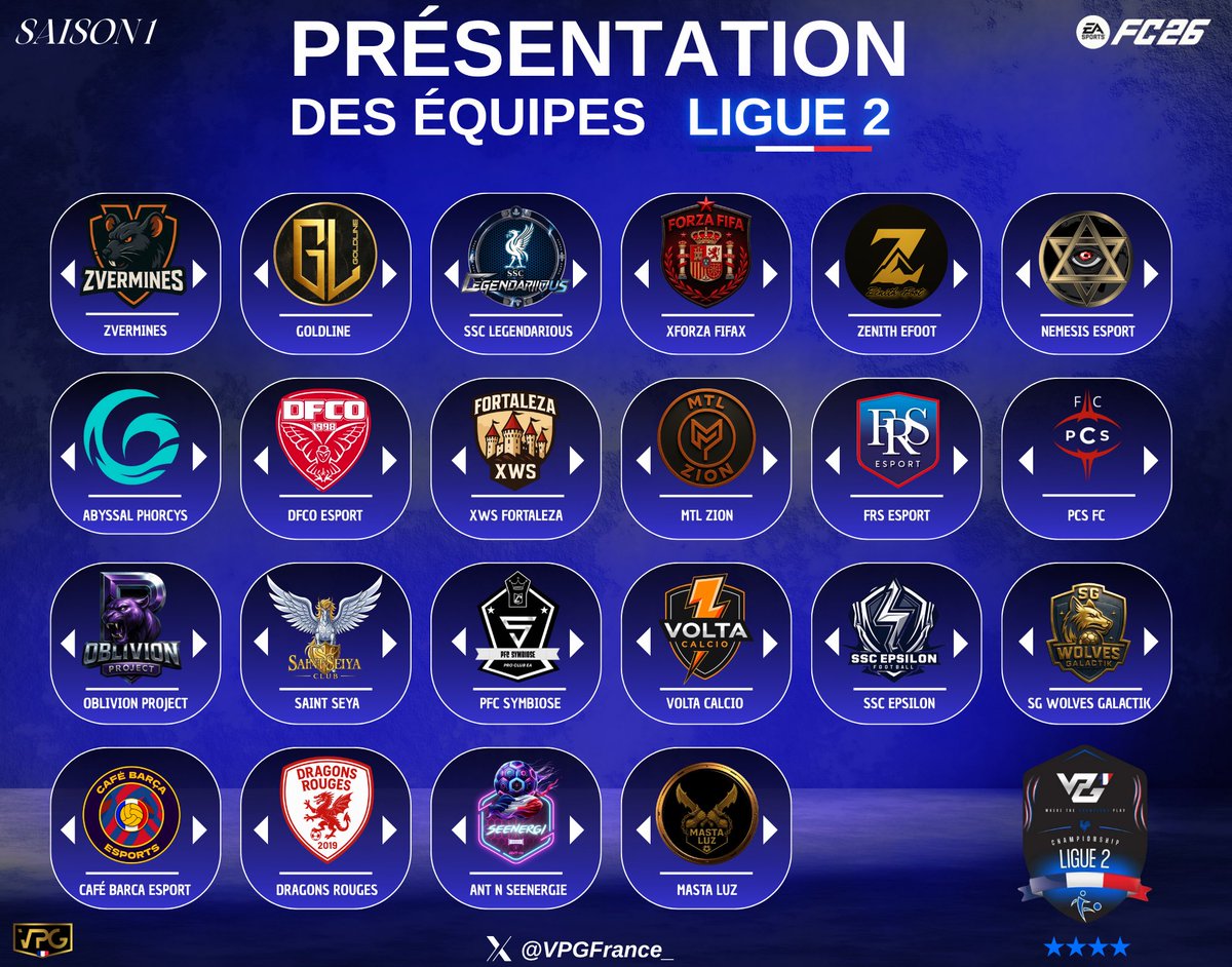 🏆 VPG FRANCE 
👥 LIGUE 2
📅 Saison 1 : 13 Octobre - 22 Décembre

<a href="/OfficialVPG/">Virtual Pro Gaming</a> <a href="/EASPORTSFC/">EA SPORTS FC</a>

Voici la liste des équipes qui participeront à la Saison 1 
VPG France FC26 :