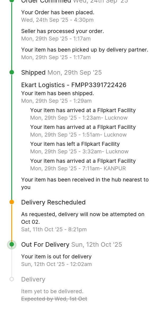 AxsNiraj's tweet photo. @flipkartsupport After rescheduling the delivery for 13 days in a row, @Flipkart has now marked my order “out for delivery” at 12:02 AM (midnight) 🤯

Truely next level efficiency!
Outstanding performance ✨

Can't wait to see what other surprises ur system has in store!

, @flipkartsupport 👏🙏 https://t.co/N8Up3A39hM