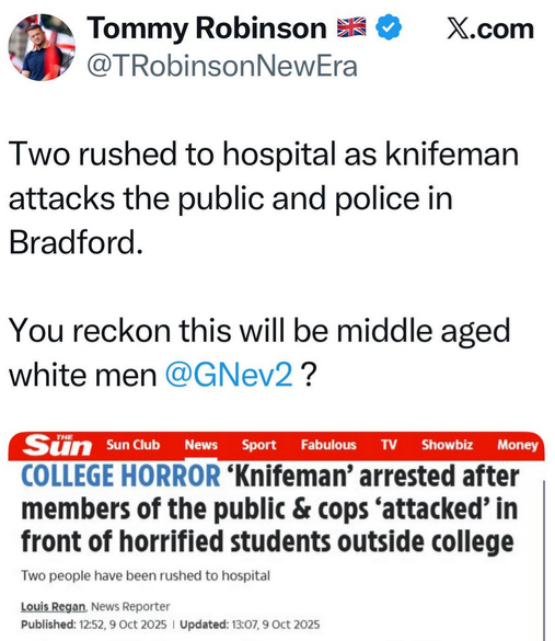 Yaxley being a twat again.

White Christian David Noutch, 31, charged with racially aggravated assault, threatening with a bladed article in a public place, two counts of assaulting a constable and causing criminal damage.