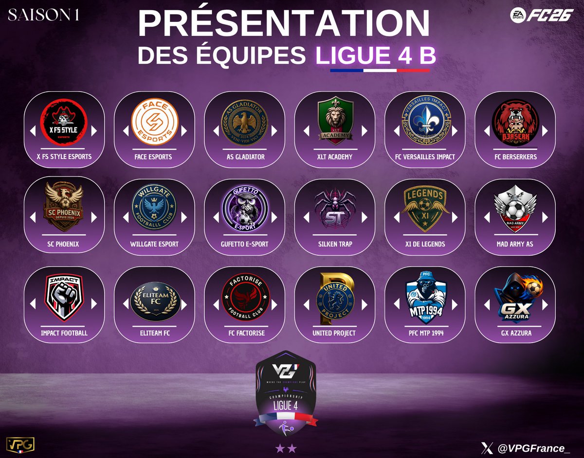 🏆 VPG FRANCE 
👥 LIGUE 4 A &amp; B
📅 Saison 1 : 13 Octobre - 22 Décembre

<a href="/OfficialVPG/">Virtual Pro Gaming</a> <a href="/EASPORTSFC/">EA SPORTS FC</a>

Voici la liste des équipes qui participeront à la Saison 1 
VPG France FC26 :