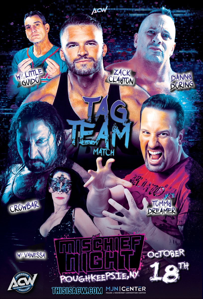 this_is_acw's tweet image. Tag Team Showdown at ACW: Mischief Night!
ThisisACW.com

 Zack Clayton &amp;amp; Danny Doring (w/ Little Guido)
vs.
Tommy Dreamer &amp;amp; Crowbar (w/ Vanessa)

📍 MJN Center – Poughkeepsie, NY
📅 Sat, Oct 18 | Bell Time 6:30 PM
@zackclayton @THETOMMYDREAMER @wcwcrowbar @nunzio_guido