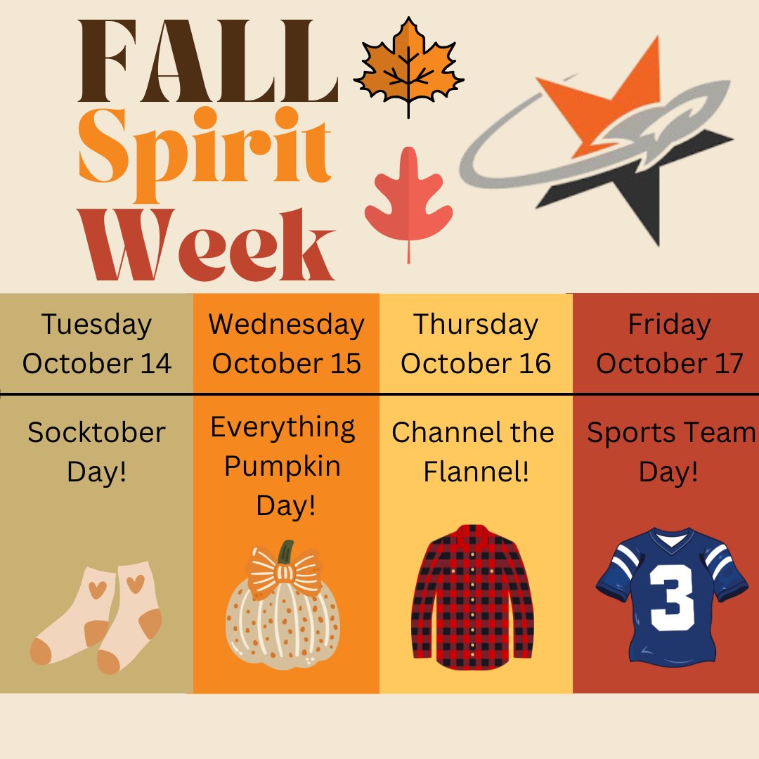 southtexasisdrs's tweet image. 🍂 Fall Spirit Week is Here, Rockets! 🚀
Show your school spirit all week long and fall into the fun! 
Celebrate the season together! 🍁
Let’s make this a week full of Rocket pride, fall vibes, and fun memories! 🍂
#RSARockets #SpiritWeek #FallFun #RocketPride