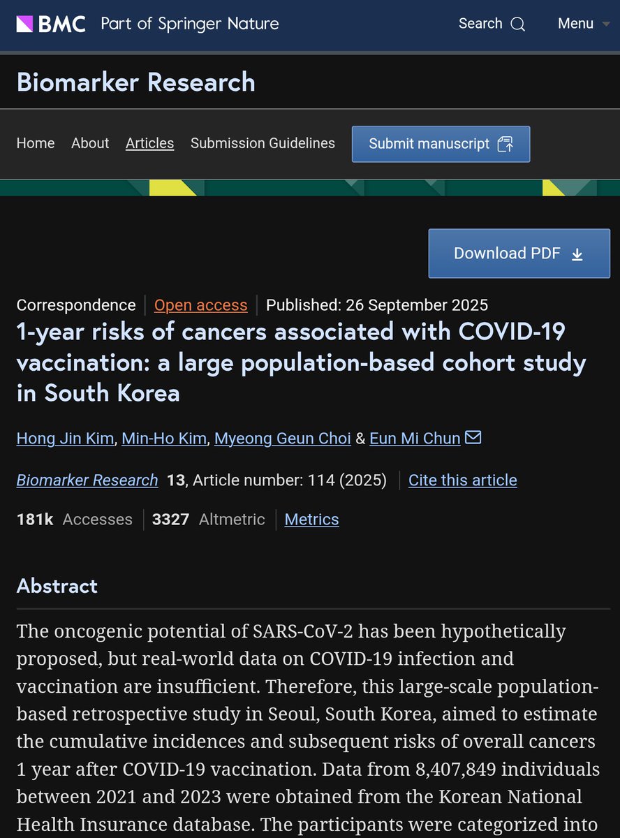 AviDascalu's tweet image. Interesting association published based on 8,400,000 sample in South Korea:
&quot;COVID-19 vaccination could be associated with an increased risk of six specific cancer types, including thyroid, gastric, colorectal, lung, breast, and prostate cancers&quot;