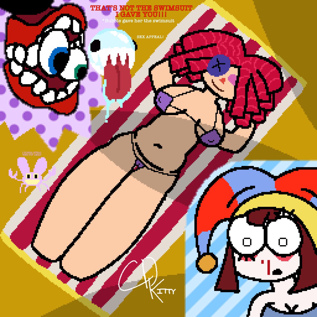 CDKitty_art's tweet photo. The Amazing Digital Beach Episode! 

#TheAmazingDigitalCircus #TADC #ragatha #Pomni #Caine #Jax #TADCEp7 #pixelart https://t.co/TIl0yPXy4K