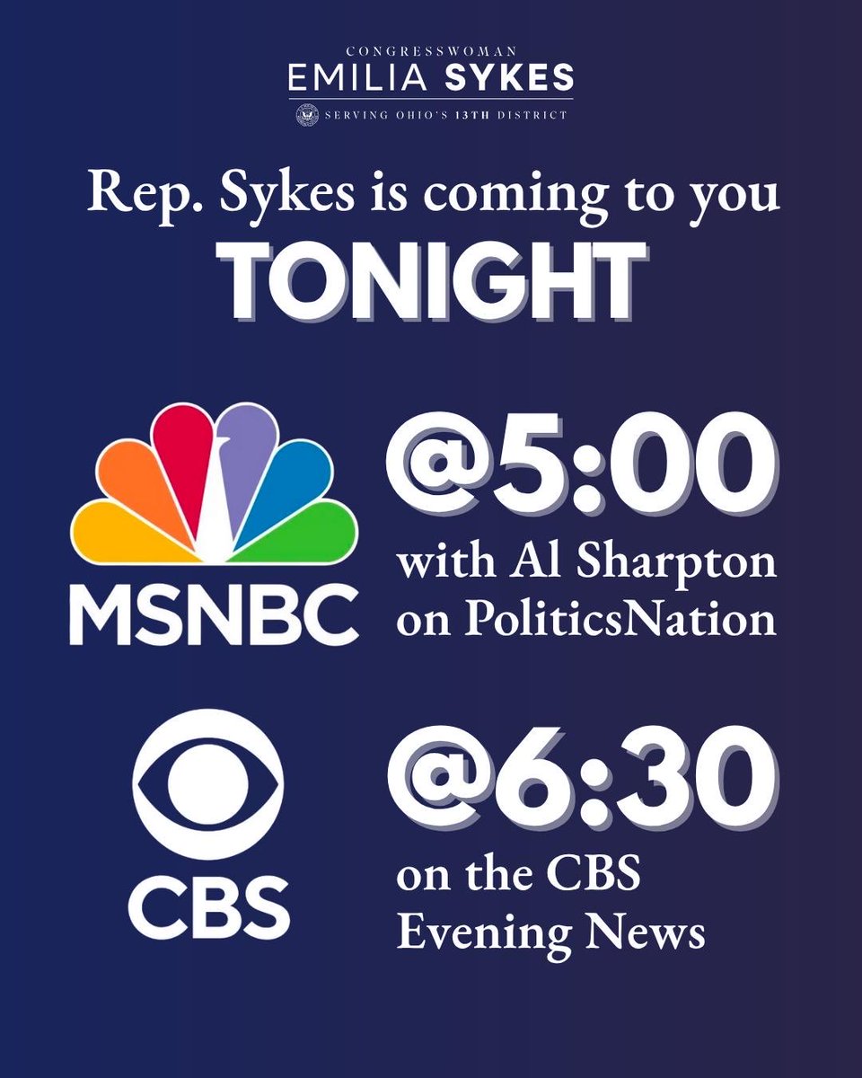 Don’t miss Rep. Sykes on MSNBC and CBS tonight, sharing updates on the government shutdown and her work fighting for #OH13!