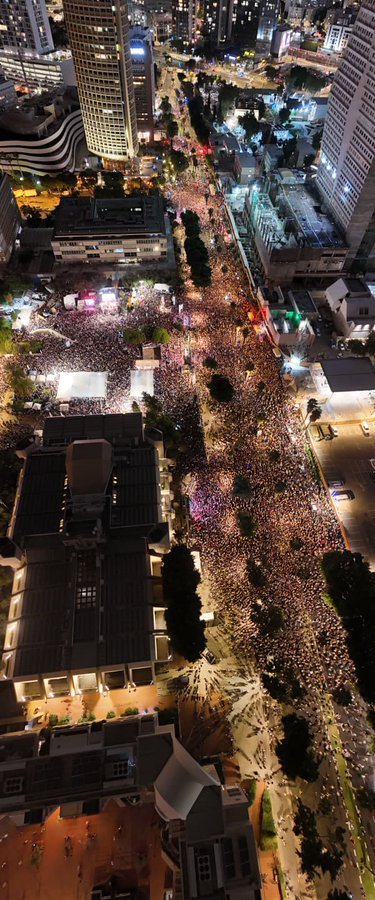 OrlyBarlevEng's tweet photo. An estimated 400,000 people were at Hostage Square in Tel Aviv tonight.

If it weren't for these determined caring wonderful people, and the courageous hostage families, fighting for the release of the hostages day and night, President Trump would have continued buying Netanyahu's lies. 

The people of Israeli did not stop crying out for and demanding an end to the war and the release of all hostages. Trump heard them and he stepped in, as only he could. 

photo credit: Amir Goldstein