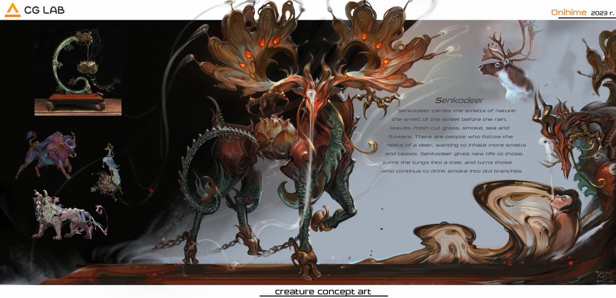 OnihimeS49028's tweet image. Senkodir carries the scents of nature: the street before the rain, leaves, freshly mown grass, smoke, the sea, and flowers. There are people who chase a deer, wanting to inhale more scents and tastes.
#CreatureDesign #MythicalBeast #HalloweenArt #ConceptArt