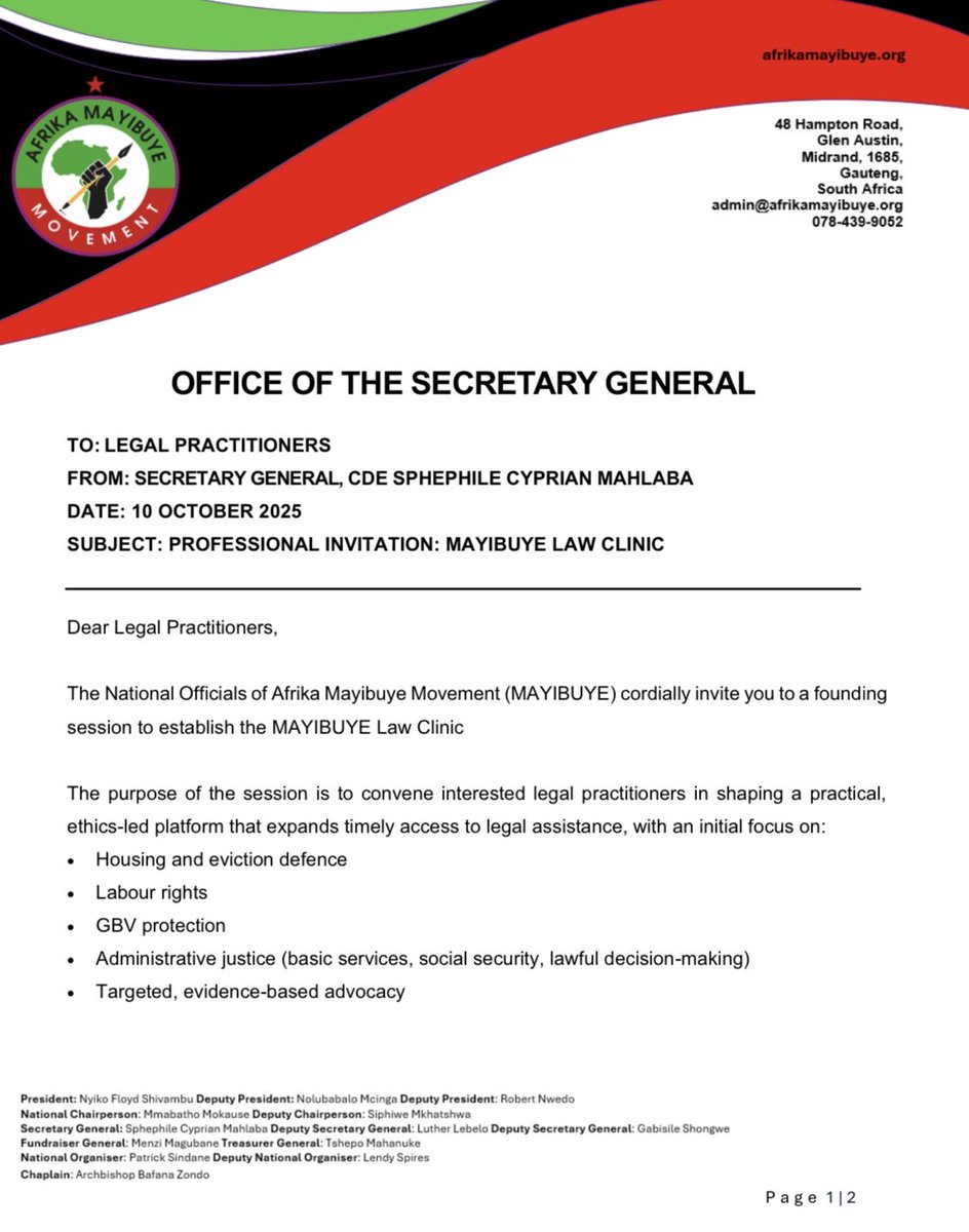 InnohChauke's tweet photo. Are you interested in being part of the MAYIBUYE Law Clinic that will be offering solutions NOW for the people of South Africa? 

The National Officials of Afrika Mayibuye Movement (MAYIBUYE) cordially invite you to a founding session to establish the MAYIBUYE Law Clinic. 

Date: Monday, 13 October 2025
Time: 16:00
Venue: Mhulu Luxury Boutique Hotel, Midrand (Johannesburg)

To RSVP contact 0795197030 or admin@afrikamayibuye.org

Mayibuye✊🏾✊🏾