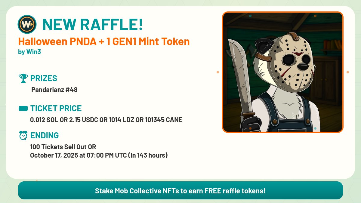 🎟️🔥 NEW RAFFLE ALERT! 🔥🎟️

🏆 Halloween PNDA + 1 GEN1 Mint Token

🔗 Buy Your Tickets: raffle.mobtools.in/main/130186c1a…