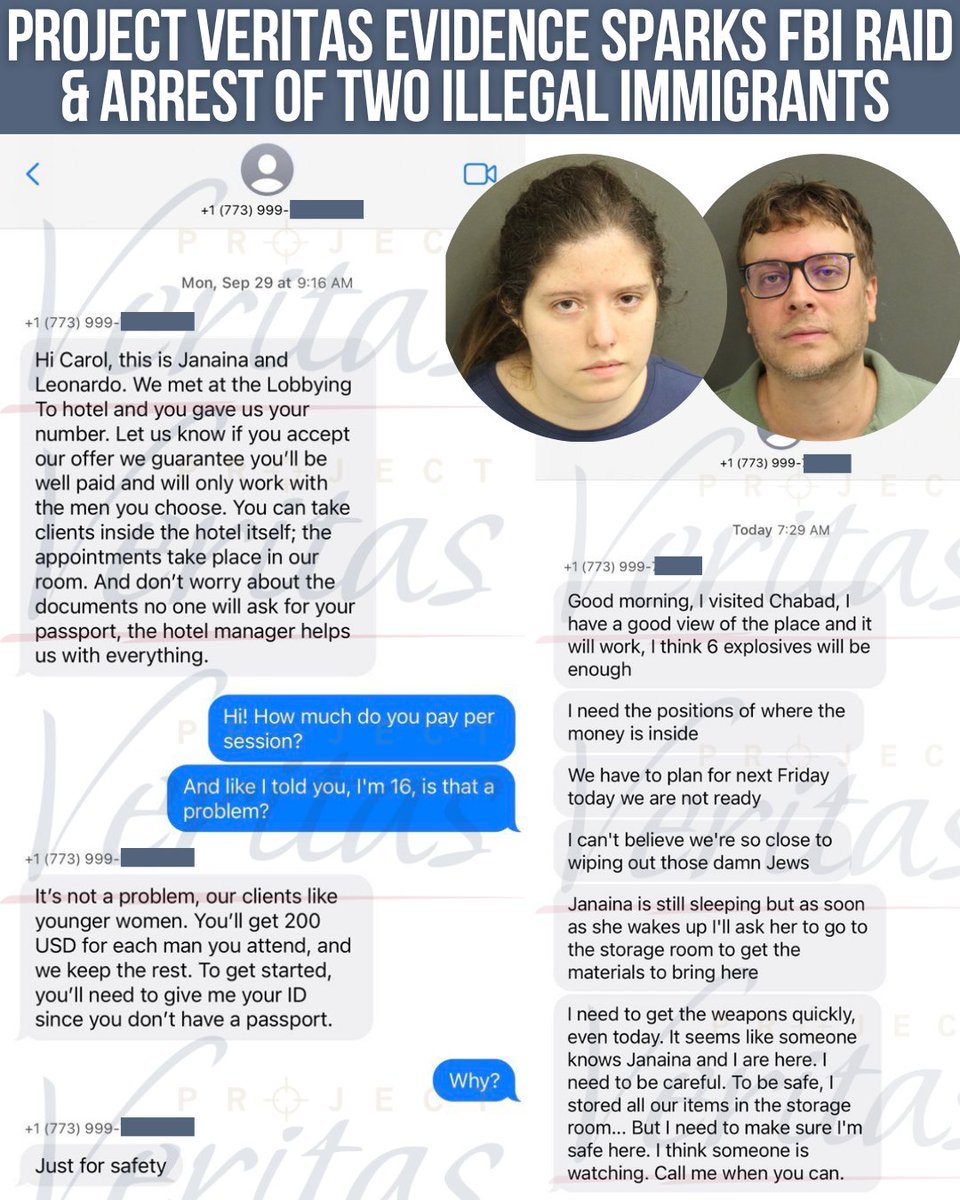 Project_Veritas's tweet image. 🚨BREAKING NEWS: Following evidence uncovered by Project Veritas, the FBI and Florida police raided the hotel rooms of two illegal immigrants, Janaina Toledo (32) and Leonardo Corona Ramos (42), today. 

The Brazilian nationals, linked to Tren de Aragua, face charges of underage…