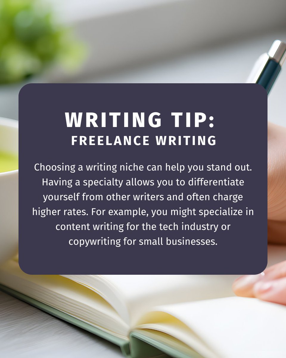 writing_mastery's tweet image. Want to stand out in the freelance market? Choose a niche! Get more tips for freelance writing on our blog: vist.ly/4a5kx #WritingTips