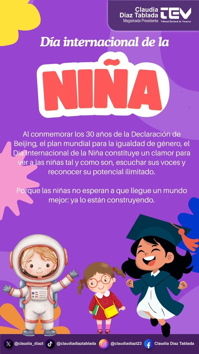 🟣 11 OCTUBRE | Día Internacional de la niña. Fecha proclamada por la #ONU con el objetivo de dar apoyo a todas las niñas del mundo en defensa de sus derechos, así como concienciar a la población sobre los desafíos que tienen que superar en muchas ocasiones solo por su género.