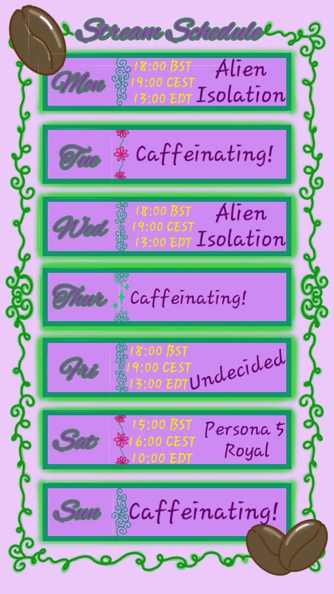Stream Schedule 13/10 - 19/10 
Gonna be continuing Spooky Month with Alien Isolation woo! These are the scheduled streams but I also kind of want to do more streams next week so it depends on my mood.

Hope everyone has a good timezone and stays safe ^.^ 🍀