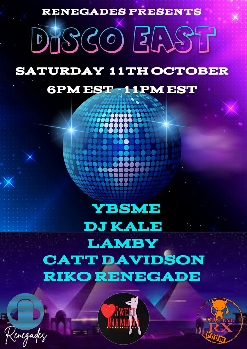 Tonight Saturday October 11th at 6pm Renegades will host, DISCO EAST! All the DJ's will be playing the hottest Disco and Funk tonight! DJ's YBSME, DJ  Kale, DJ Lamby, DJ Catt Davidson, and DJ Riko Renegade all performing!