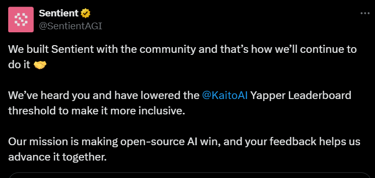 xerocooleth's tweet image. Good news for small accounts in Sentient AI

They just lowered their Kaito leaderboard thresholds

Already seeing people with less than 50 smart followers on the board

Good move by @SentientAGI , congratulate them and give them more mind share and you&apos;ll see more projects do it