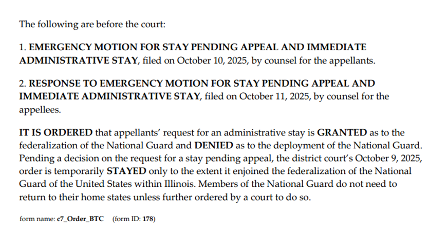 baylisswagner's tweet image. BREAKING: 7th Circuit Court of Appeals in Chicago has allowed the Texas National Guard to remain federalized, saying troops &quot;do not need to return to their home states&quot; unless further ordered by a court.

But they denied Trump&apos;s request to let active deployment continue. #txlege