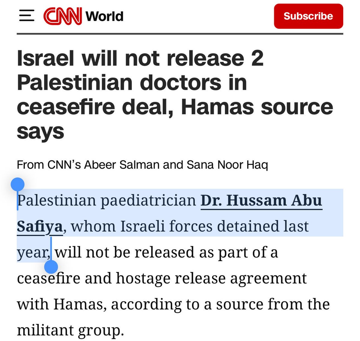 MosabAbuToha's tweet image. A soldier is “kidnapped” from a military base.
But a pediatrician is “detained” from inside a hospital.

CNN as appears in George Orwell’s new novels 2023, 2024, and 2025.