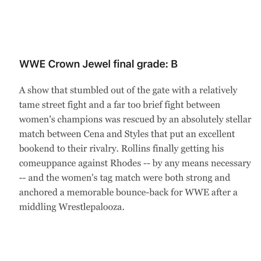 WrestlePurists's tweet image. WWE Crown Jewel was graded as a B on ESPN