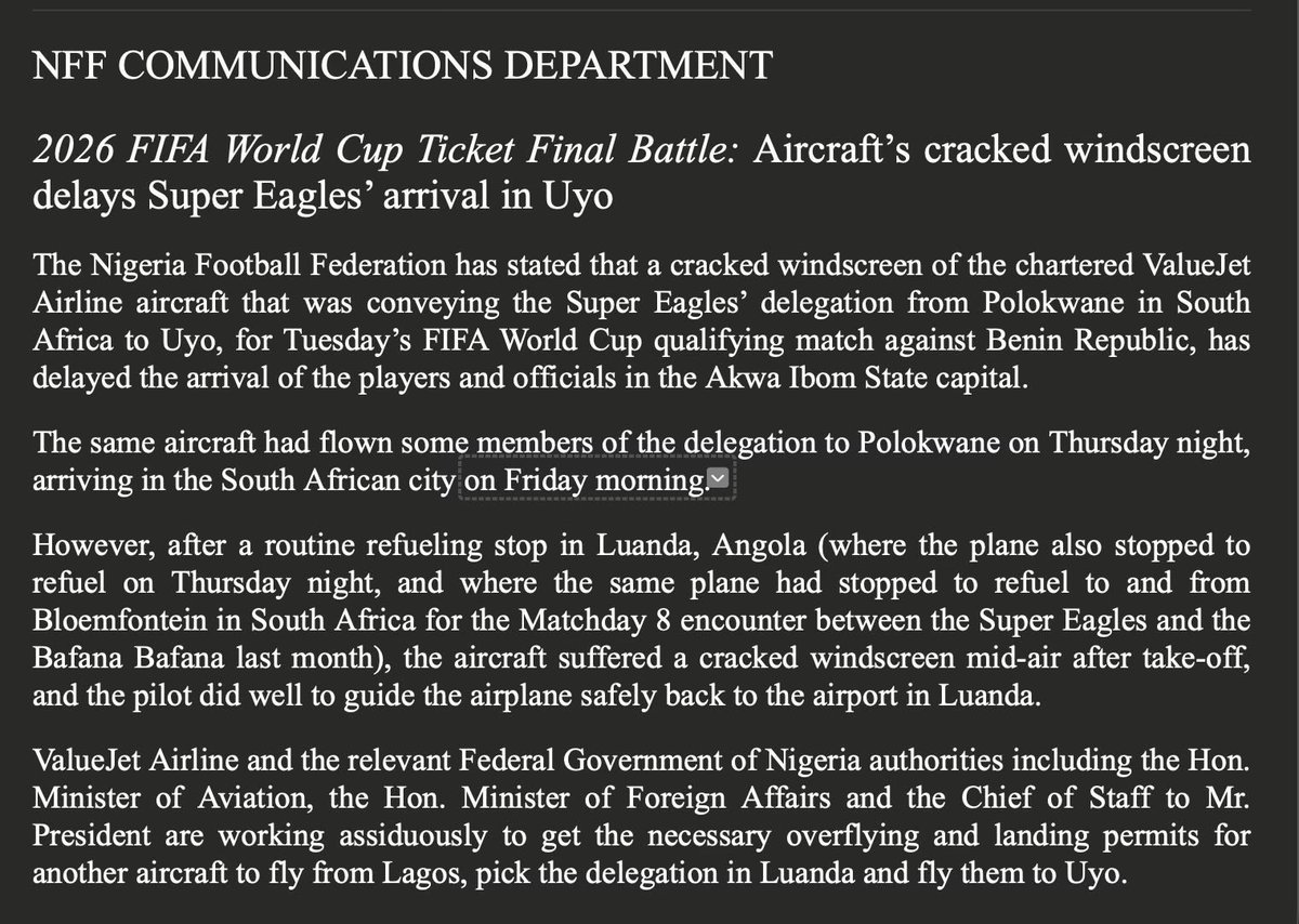 NFF statement: Aircraft’s cracked windscreen delays Super Eagles’ arrival in Uyo 😱😱