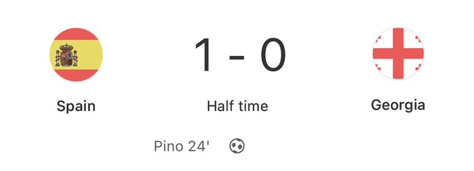 Graphic displays Spanish flag on left labeled Spain, score 1-0 in center with Halftime text, Georgian flag on right labeled Georgia, and Pino 24 notation at bottom.