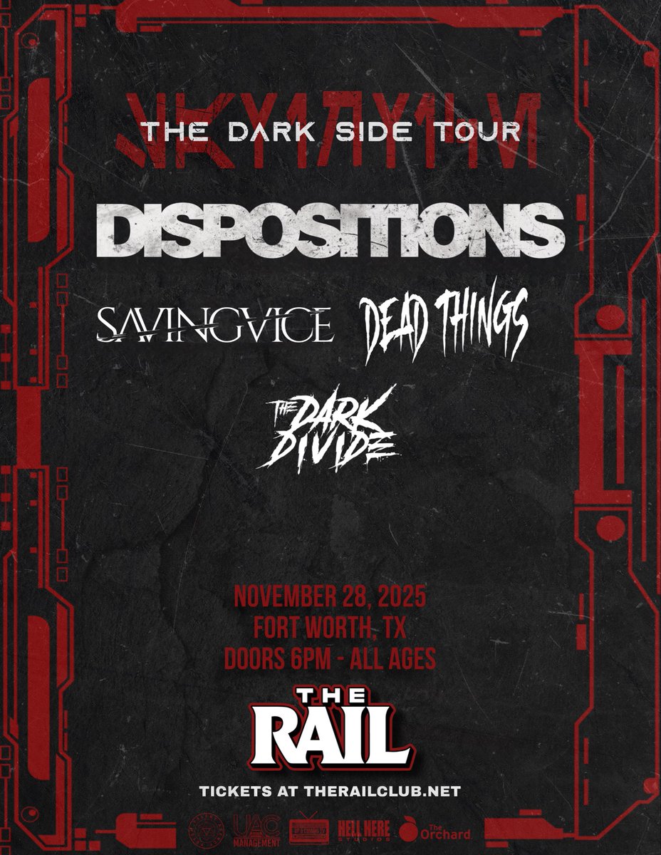 🔥SHOW ANNOUNCEMENT🔥
Dispo, Saving Vice, Dead Things, and The Dark Divide at The Rail on November 28 to kick off THE DARK SIDE TOUR!
Full list of dates coming soon 👀

Tickets: eventbrite.com/e/dispositions…