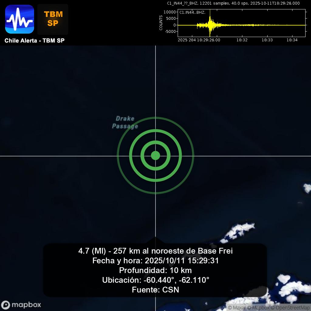 ChileAlertaApp's tweet photo. Actualización de informe sísmico. 🇨🇱
4.7 (Ml) - 257 km al noroeste de Base Frei.
2025/10/11 15:29:31
App: https://t.co/RblVNxZYn8

🔁 Comparte, comenta y síguenos 👍

#BaseFrei #earthquake #sismo #temblor #terremoto #CSN #GUC #Chile https://t.co/47ERAR12Tk