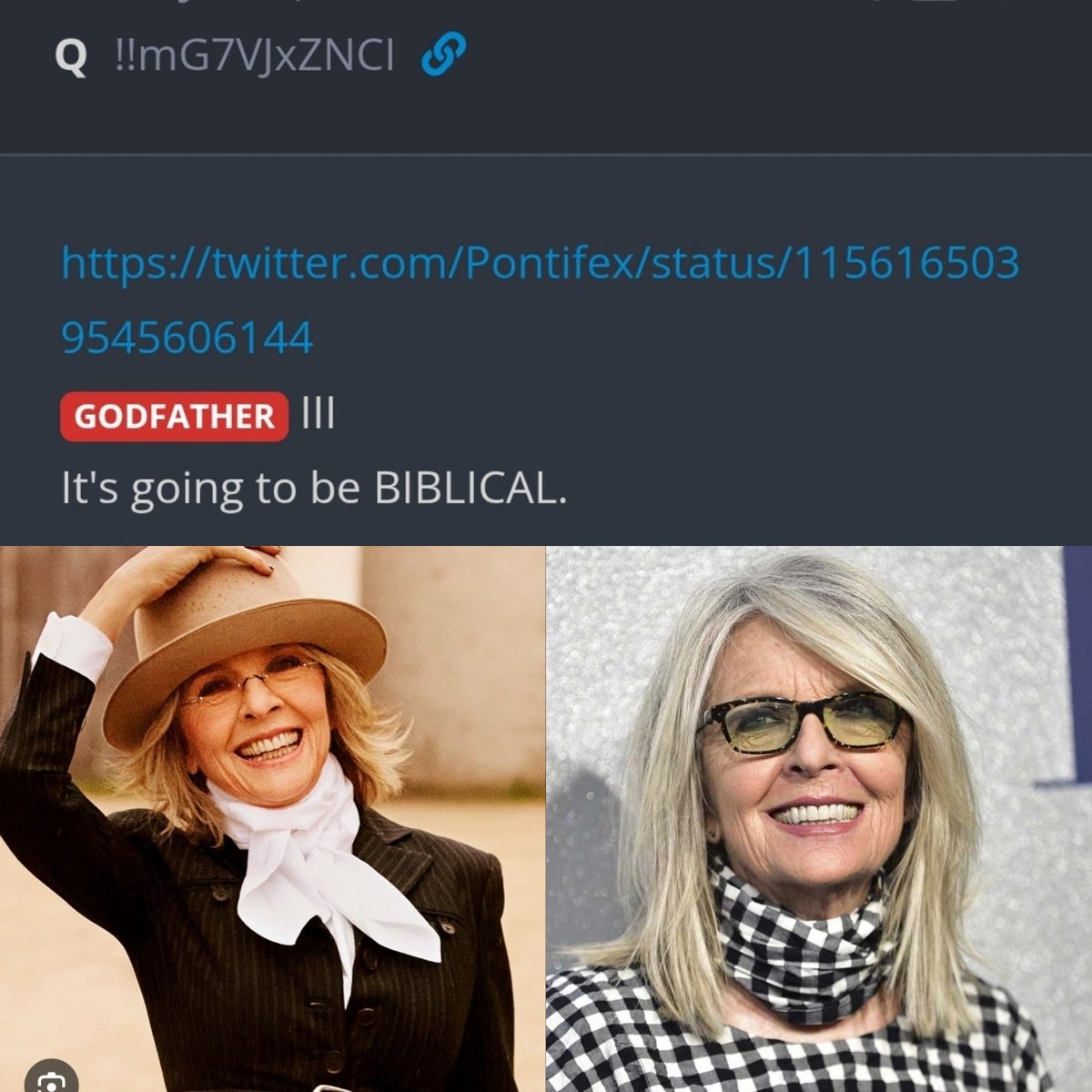 TraderGirlQ's tweet image. HOLY 💩‼️‼️‼️‼️‼️
BREAKING: Hollywood actress Diane Keaton has passed away at the age of 79. THE GODFATHER😱
GODFATHER Is In 27 Posts & Almost Always Newr The END Next To The Great Awakening🔥
Q Post 3565: Godfather III Its Gonna Be Biblical 🙏⚡️
Birthday January 5 Same As…