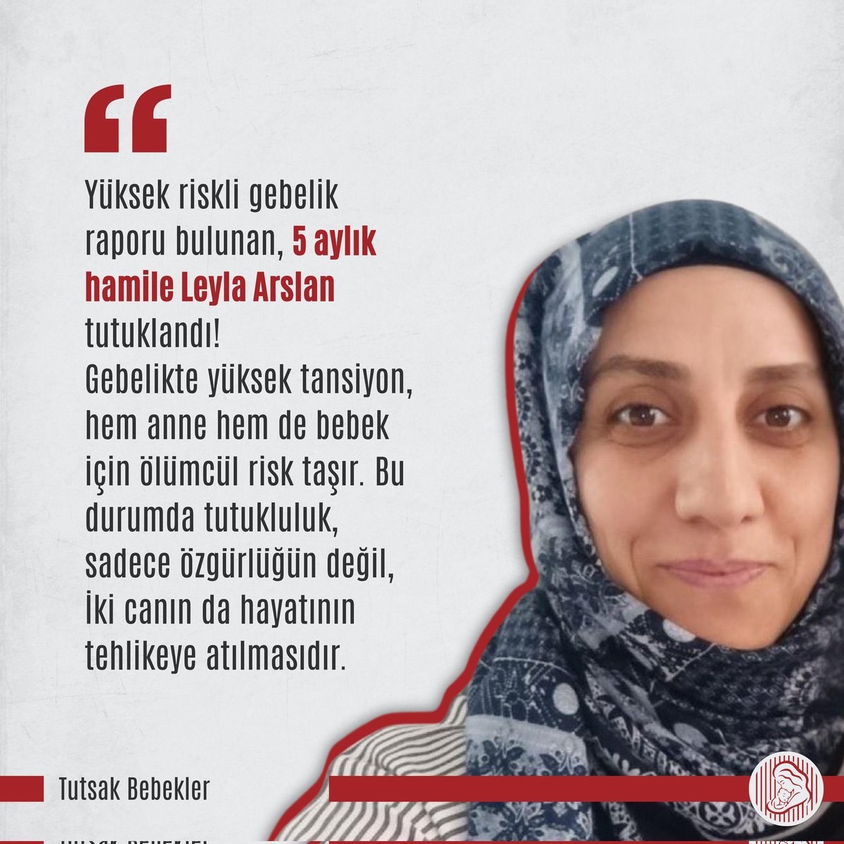 📍Yüksek riskli gebelik raporu bulunan,5 aylık hamile Leyla Arslan, Khk ile kapatılan öğrenci yurdunda müdür yardımcılığı yaptığı için tutuklandı!

📍Son 2 ayda 6 Khklı cezaevlerinde vefat etti!AİHM uygulayın ve suç olmayan fiiller nedeniyle insanları tutuklamaya son verin!