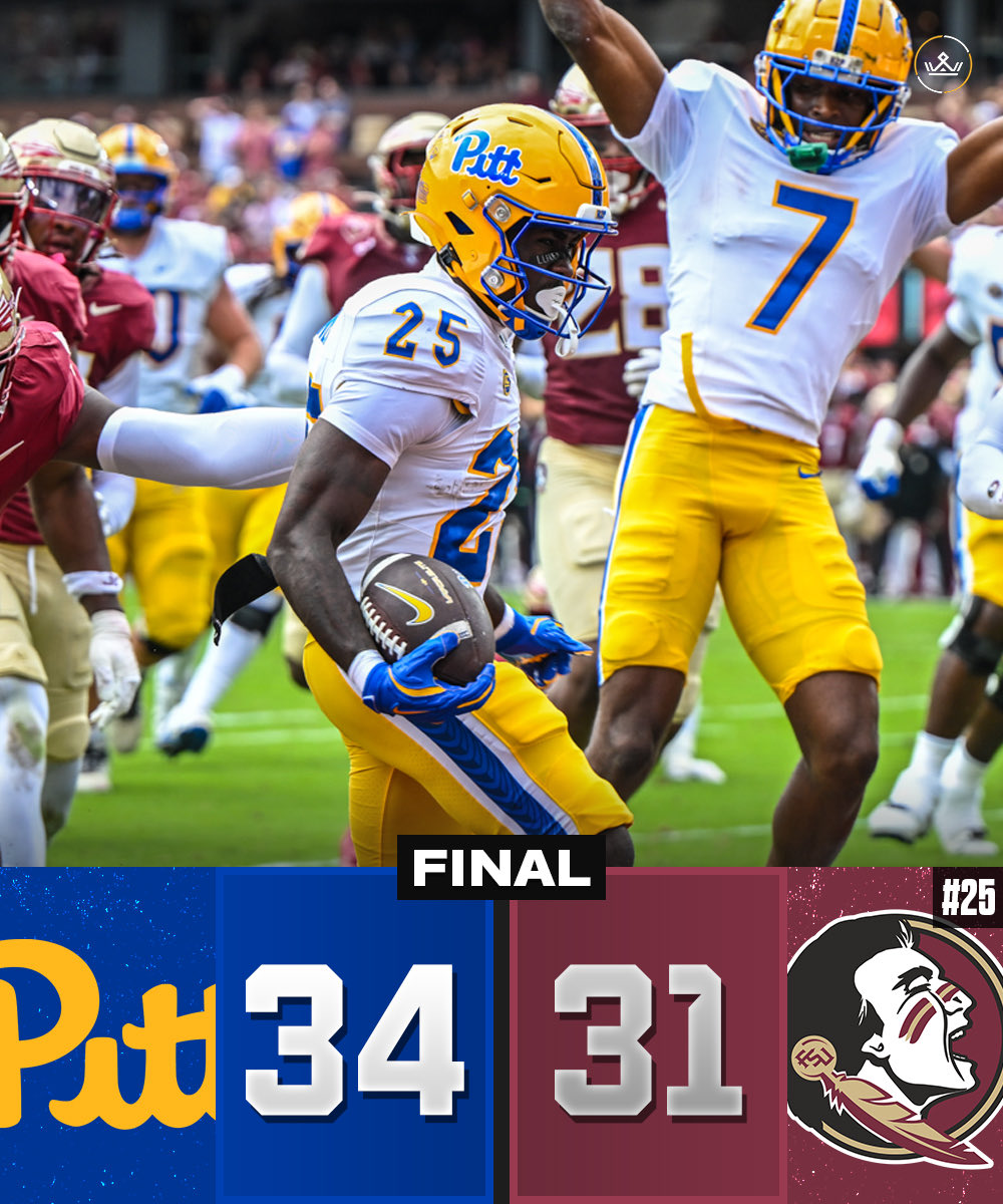 CFBKings's tweet photo. PITT GOES ON THE ROAD AND BEATS #25 FLORIDA STATE 34-31 🐆

Mason Heintschel:
• 21/29 (72.4%), 385 total yards, 2 TDs https://t.co/cPBqcwL0W6