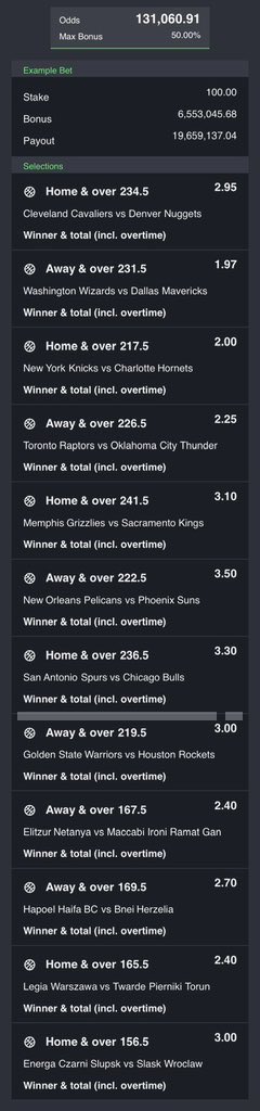 Bigbaztip's tweet image. BASKETBALL GAMES🏀

Win and overs  games 💥

131k ODDS  ✅

N100 to won 125million 💥

Safe for low stake  😳🍀🙌

Code here🇳🇬 t.me/+6i5X5kcKQZBmZ…
SPORTYBET GO PAY US MILLIONS 💯🏀