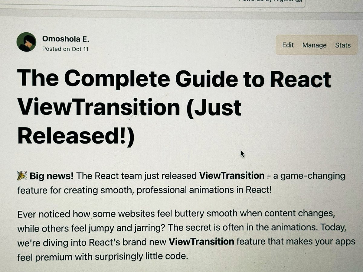 hormorshorlar's tweet image. Fresh from ReactConf 2025: React&apos;s new ViewTransition API is here! 🎉

I&apos;ve broken down the docs into a complete guide with practical examples. Learn smooth animations the easy way!

dev.to/caisere/the-co…

#ReactJS  #webdevelopers