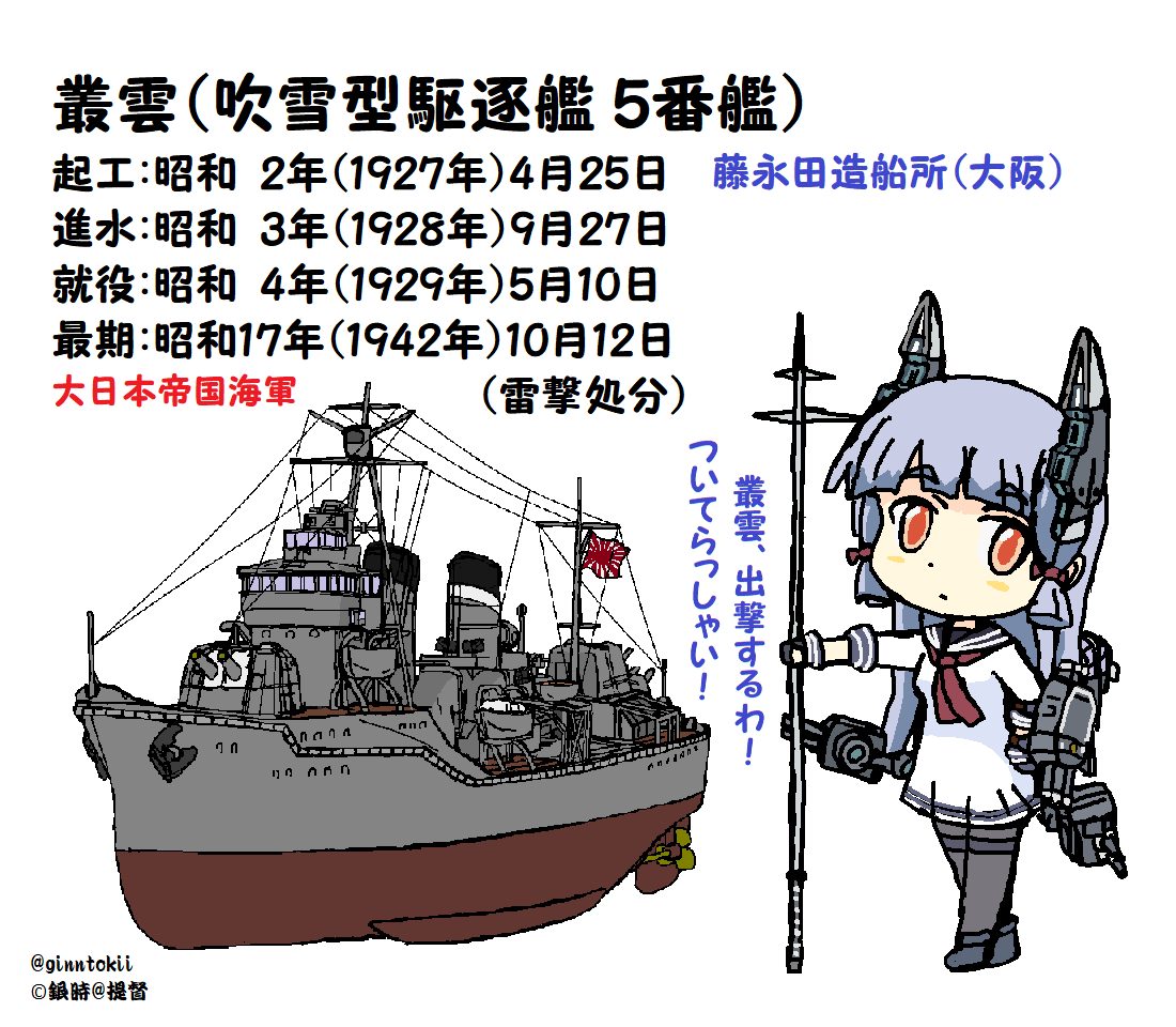 🎺おはようございます!
日曜日の朝です🌅

今日10月12日は
#海上自衛隊
潜水艦「せいりゅう」進水日
平成28年(2016年)

護衛艦「#しらぬい」進水日
平成29年(2017年)

潜水艦「#じんげい」進水日
令和4年(2022年)

#日本海軍
駆逐艦「#叢雲」戦没日
昭和17年(1942年)
呉の長迫公園内に慰霊碑
#艦これ 