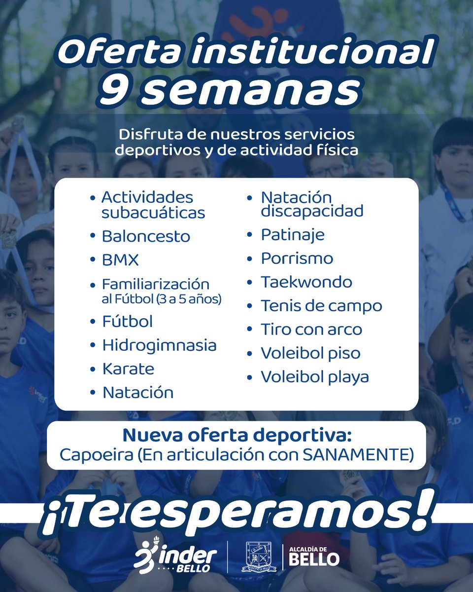 🏃‍♀️⚽ ¡Es momento de practicar tu deporte favorito! 

Comienzan las inscripciones a nuestra oferta institucional de 9 semanas. 

📅 Cronograma de Inscripciones:
🔹 Usuarios antiguos: del 13 al 15 de octubre
🔹 Usuarios nuevos y antiguos: del 16 al 19 de octubre

📌 Inicio de