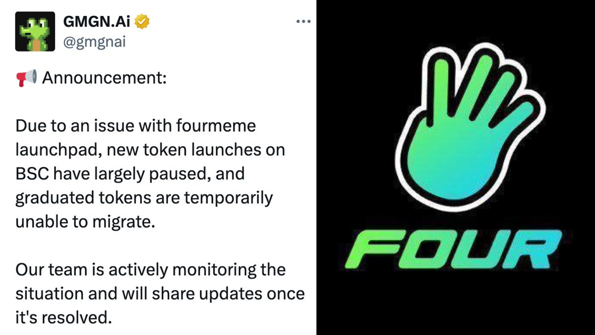 DegenerateNews's tweet image. NEW: GMGNAI SAYS "DUE TO AN ISSUE WITH FOURMEME LAUNCHPAD, NEW TOKEN LAUNCHES ON BSC HAVE LARGELY PAUSED, AND GRADUATED TOKENS ARE TEMPORARILY UNABLE TO MIGRATE"
